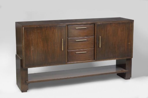 Buffet with two doors on either side of three drawers stacked vertically