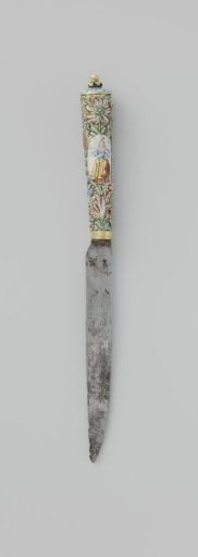 Knife with enameled flowers in relief and a medallion with a figure in a landscape