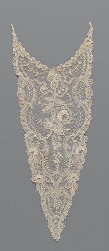 Plastron of needle lace with a flower sprig hanging from three rosettes and a ribbon