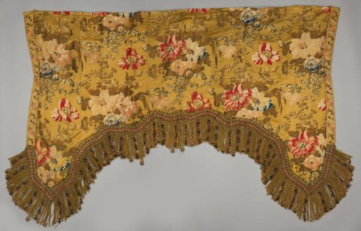 Valance belonging to a set of curtains with floral design on a yellow ground