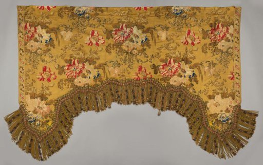 Valance belonging to a set of curtains with floral design on a yellow ground