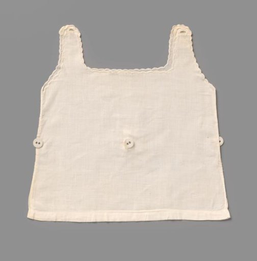 White linen shirt with a festooned wavy neck and armholes, trimmed with a strip of machine-made lace