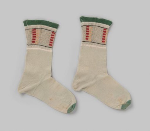 Stocking of Light Green Fine Cotton Knit with a Knitted Block Pattern in Red and Orange in the Cuff and a Dark Green Border