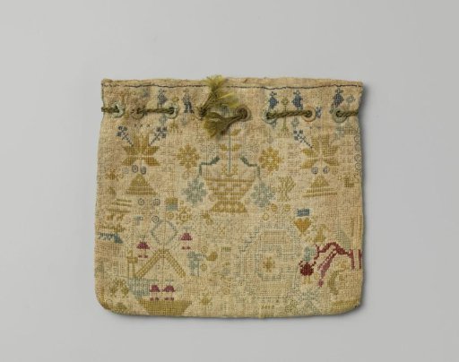 Pouch or knottepong of linen, embroidered as a sampler with cross-stitches in multicolored silk