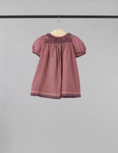 Children's dress made of three handkerchiefs with a pink ground with a purple-white check and a purple ground with a stripe in purple, green and white