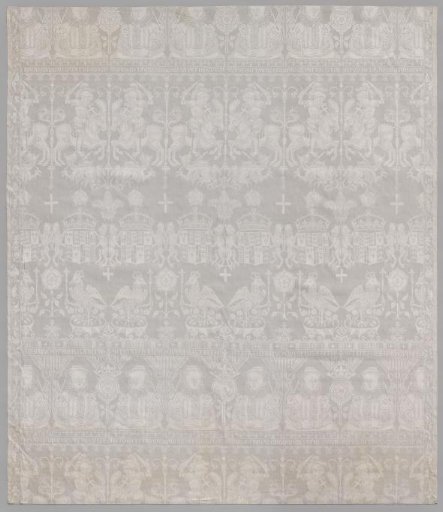 Tablecloth of linen damask with the portrait and coat of arms of Elisabeth I