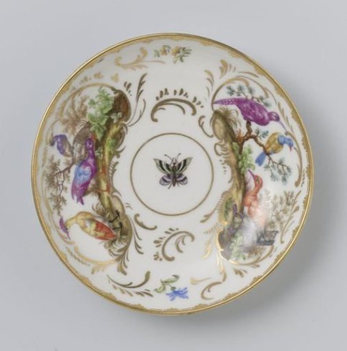 Dish, painted with birds in a landscape within cartouches