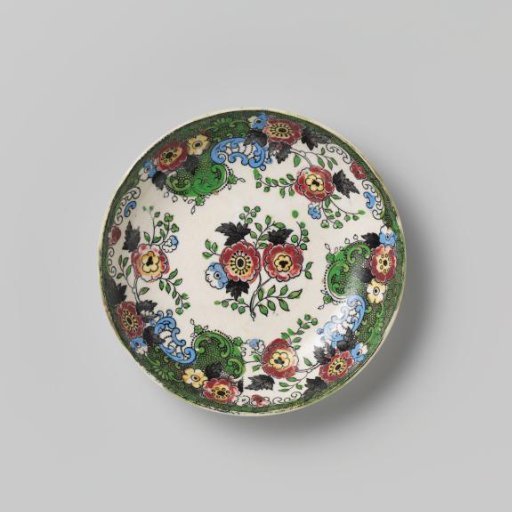 Dish, decorated with multicolored flowers and volutes