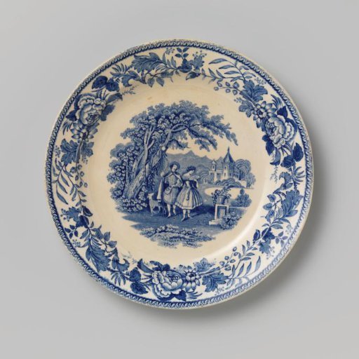 Plate decorated with a landscape featuring a walking couple with a dog