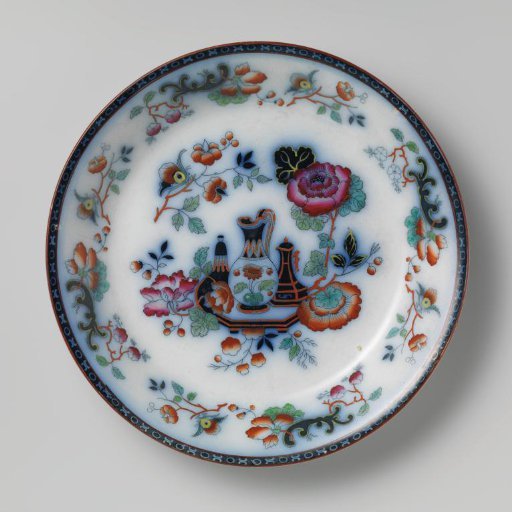Plate decorated with three pieces of tableware, flowers, and leaves