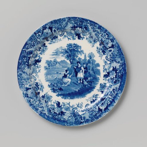 Plate, with on the flat three people in a landscape