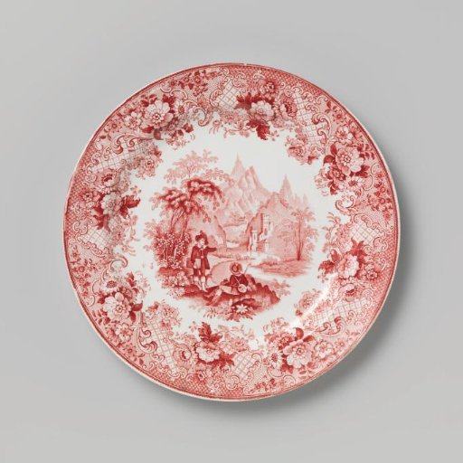 Plate, with a flat mountain landscape with two people