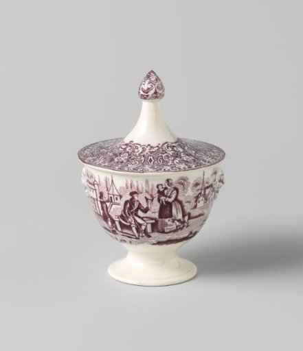 Sugar pot with lid, with a landscape depicting a hunter on a bench