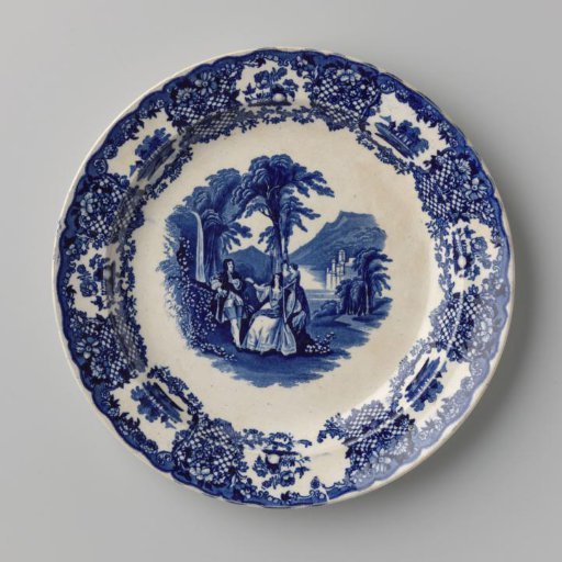 Plate with a group on the flat, including a woman with a harp