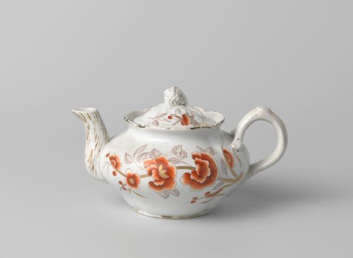 Lid of teapot, four-lobed, decorated with golden branches with orange flowers