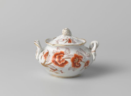 Sugar pot with lid, four-lobed, with golden branches with orange flowers
