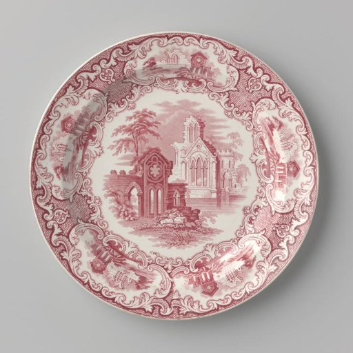 Plate, with a scene on the flat of a landscape with ruins