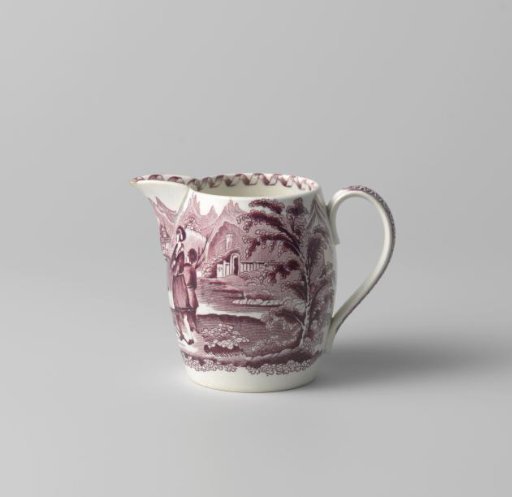 Milk jug, with a mountain landscape containing three people