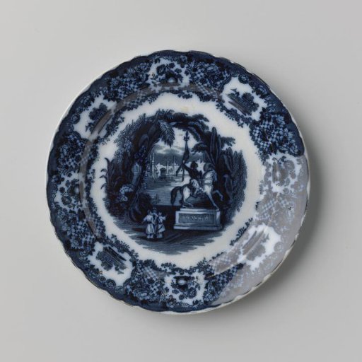 Plate, with an oriental landscape and equestrian statue on the surface