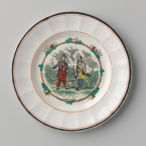 Plate, with two men in conversation on the surface
