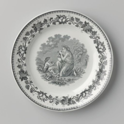 Plate, with a woman with a jug and a child in front of a waterfall on the flat