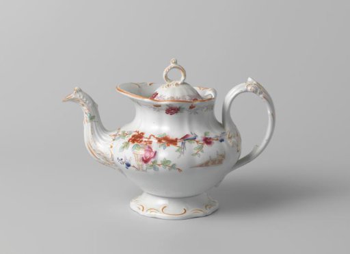 Teapot with lid, with polychrome decoration featuring a garden vase, a fence and flowers