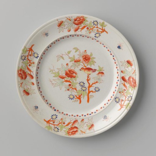 Platter, with two multicolored branches with flowers and a bird on the flat