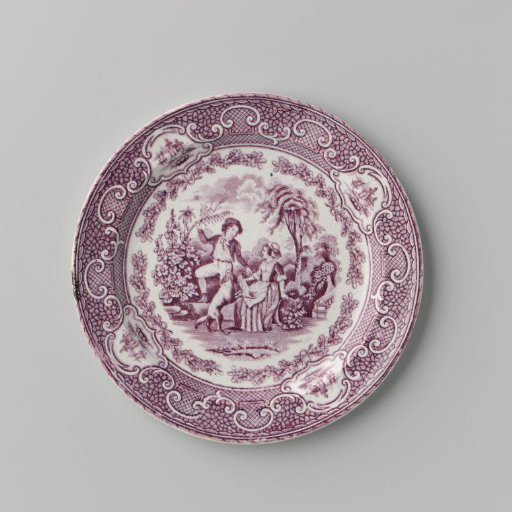 Panel, with a shepherd and shepherdess in a garden on the flat surface