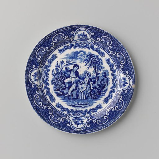 Panel, with a shepherd and shepherdess in a garden on the flat surface