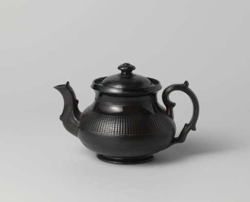 Teapot, black, decorated with ribbed borders