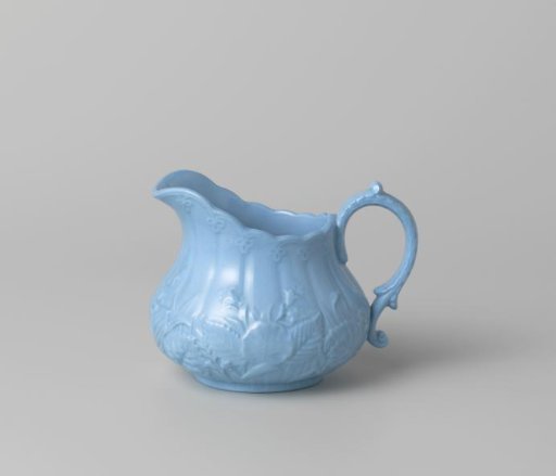 Milk jug, blue, with flowers and leaves in relief