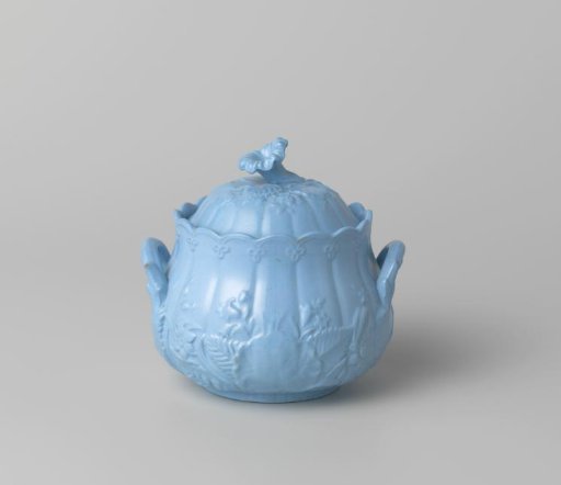 Sugar bowl, blue, with flowers and leaves in relief