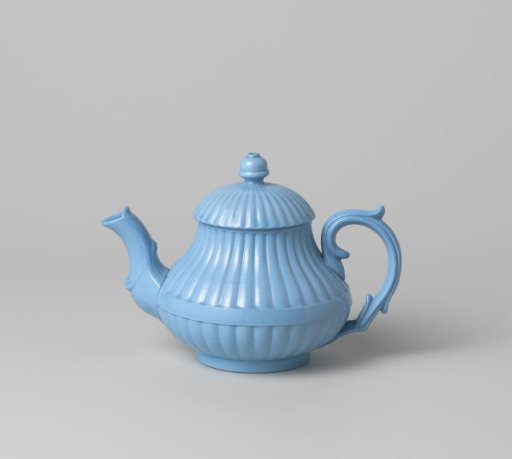 Teapot with lid, blue, with sculpted wall, interrupted by a smooth horizontal band