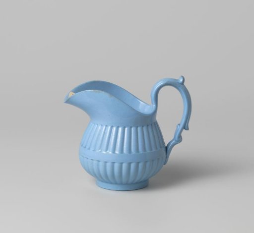 Milk jug, blue, with fluted sides, interrupted by a smooth horizontal band
