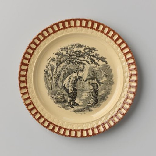 Plate, with a boy and a dog on the flat surface