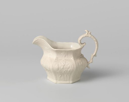 Milk can, hexagonal, grès blanc, with cartouches with flowers in relief
