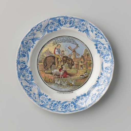 Board, with a man with a child on horseback in front of a mill on the flat surface