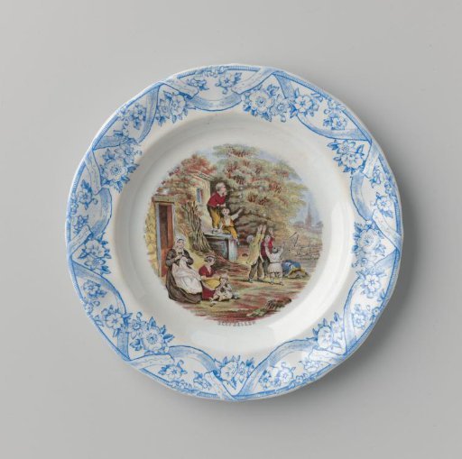 Plate, with children blowing bubbles on the flat