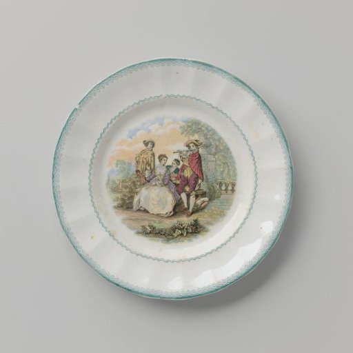 Plate with a company in a garden on the surface