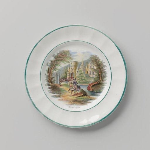 Plate, with a flat design of an armored knight in a landscape with a castle