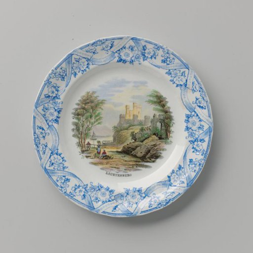 Plaque, with on the flat a castle and a ruin, and several people along a river