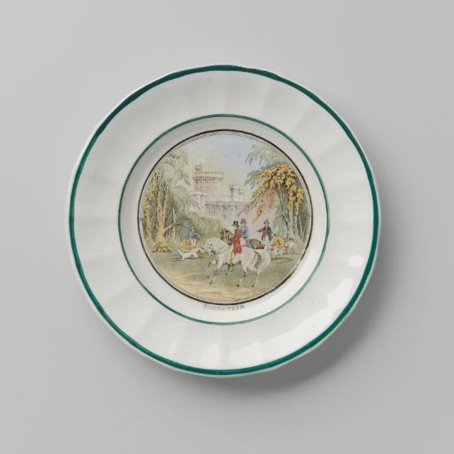 Plaque, with on the flat hunters with horses and dogs before a castle