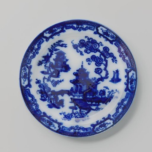 Plaque, with Chinese buildings and flowering branches on the flat surface