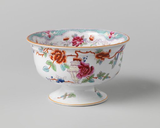Cabinet knob, with a polychrome decoration featuring two garden vases, railings, flowering branches, and a bird