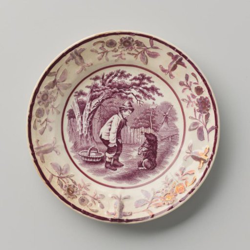 Plaque, with a boy and a dog on the flat surface