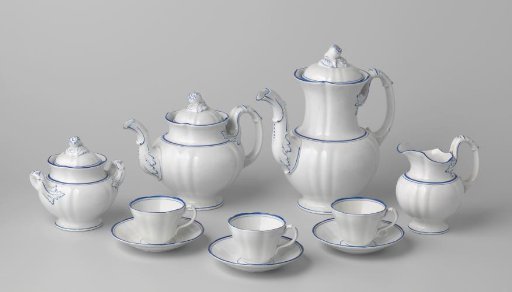 Coffee and tea service, sixteen pieces, white, with blue edging and pear-shaped lid knobs