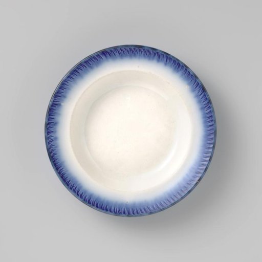 Plate, grey, with feathered relief border, painted in blue
