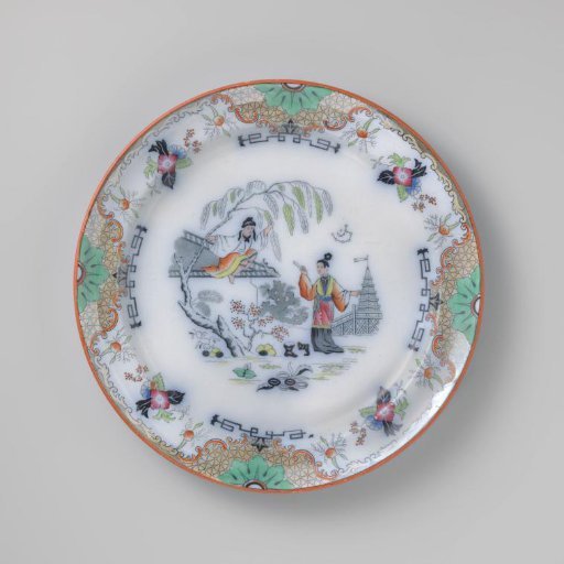 Plate with a man on the roof of a house and a woman on the ground below