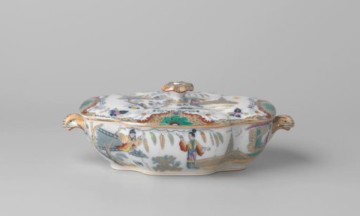 Covered dish with lid, four-lobed, depicting a man on the roof of a house