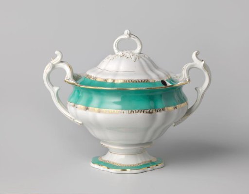 Tureen with lid, with green rim and golden Greek band